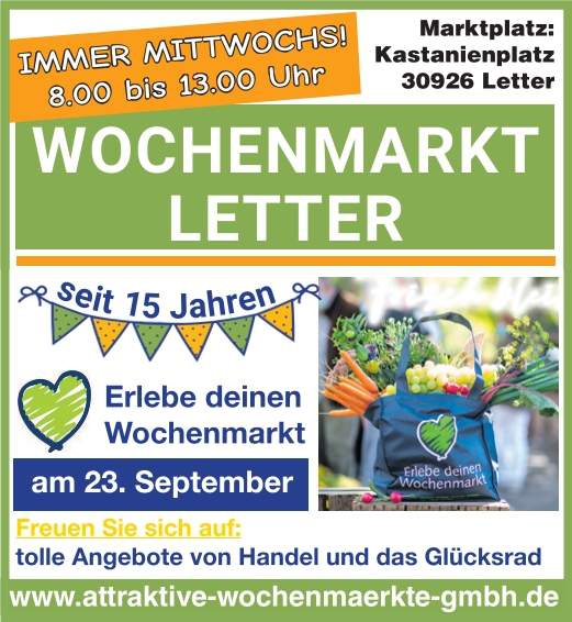 15 Jahre Wochenmarkt Letter am 23. September 2026